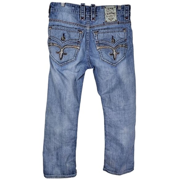 Rock Revival Ecton Boot Embroidered Denim Jeans 32 Light Wash Distressed Casual - Picture 1 of 15
